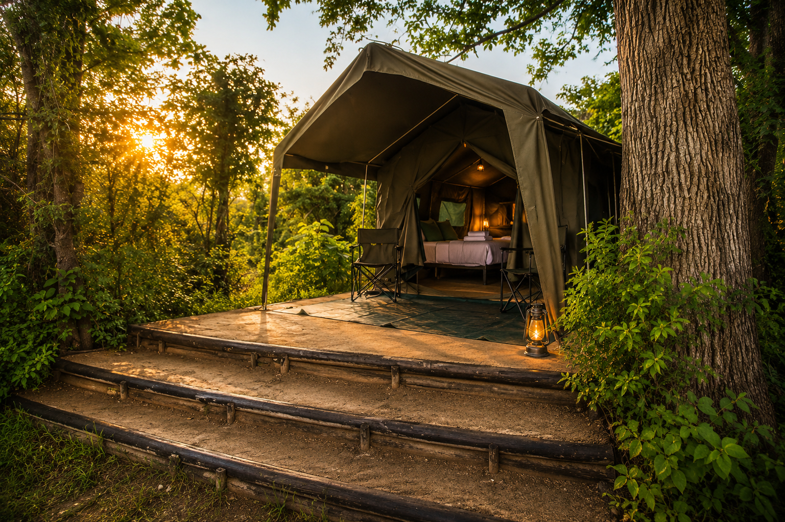 Safari tent exterior at dusk